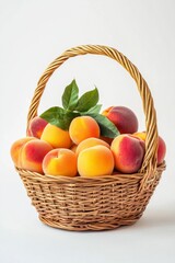 Freshly Harvested Peaches in a Woven Basket with Green Leaves
