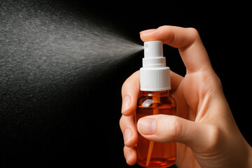 Hand holds small spray bottle, releasing fine mist against dark background, highlighting spray dispersion. bottle is amber colored, suggesting it may contain cosmetic or essential oil