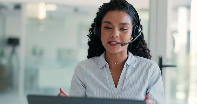 Call center, talking and business woman with laptop for customer service or multilingual support. Contact us, computer and happy agent speaking with headset for language translation, help and crm