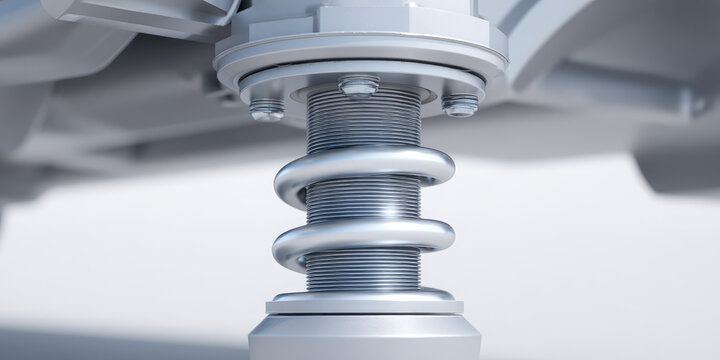 A close-up of a metallic spring coil, possibly part of a mechanical or automotive suspension system. Industrial technology, machinery component