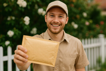 Smiling courier in uniform delivering a padded envelope outdoors near garden fence, demonstrating friendly and efficient service