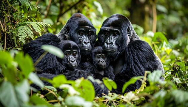Gorilla Family with Rainforest Portrait. - Powered by Adobe