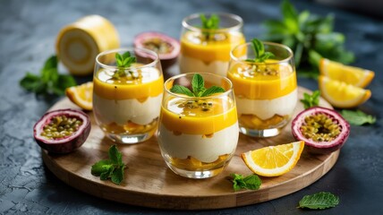 Dessert with passion fruit mousse in multi-layered glasses, bright yellow in color and decorated with mint and citrus peel.