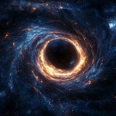 Fiery cosmic swirl encompassing a black hole.  Stunning space nebula art.