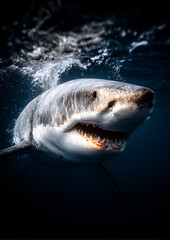 Naklejka premium Ocean shark, Open toothy dangerous mouth with many teeth. Underwater blue sea waves clear water shark swims forward 