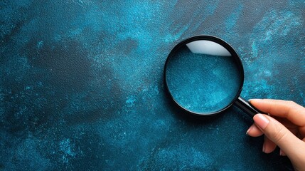 A hand holds a magnifying glass over a textured blue surface, highlighting the details and reflections within the lens.