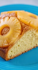 Pineapple upside- cake slice on blue plate