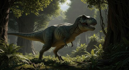 Dinosaur in lush prehistoric jungle the day