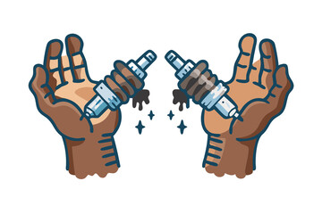 Obraz premium Dirty Hands Holding Spark Plugs A Mechanic's Tale