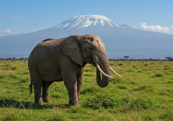 Obraz premium A majestic elephant roams the African plains with the towering Kilimanjaro mountain in the distance, capturing the raw beauty of wildlife and nature. Sunrise casts a golden glow.