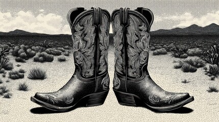 Desert Boots: A Black and White Engraving of Cowboy Boots in the Desert