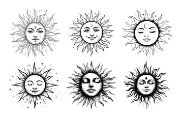 hand drawn celestial sun face vector set