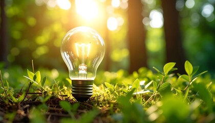Green Energy Lightbulb in Forest.