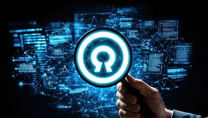 A hand holds a magnifying glass focusing on a circular symbol over a complex digital network