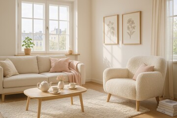 Cozy hygge-inspired living room with soft lighting, plants, and contemporary furniture