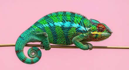 Colorful chameleon resting on branch pink background