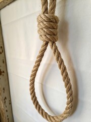 A close up view of a knotted rope hanging against a white wall with a wooden frame on the side