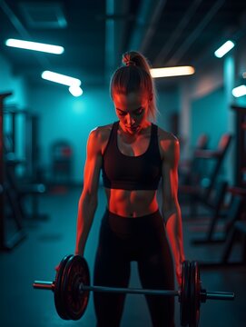 A woman is fully focused while performing an intense workout in a gym, surrounded