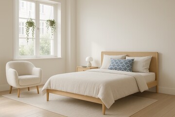 Minimalist sunlit bedroom with soft tones, modern furnishings, and peaceful atmosphere