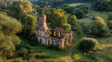 Serene Sunset Over Abandoned Church Ruins