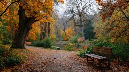 Autumnal Serenity: A park bench awaits in a picturesque autumnal setting, golden leaves scattered on a path leading to a tranquil pond, surrounded by vibrant fall foliage.