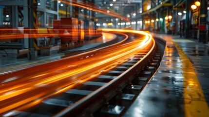 A striking image of flowing light trails on train tracks within an industrial setting, illustrating speed, motion, and the essence of modern transport systems.