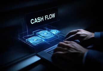 Businessman using laptop with a cash flow interface.  Hands typing on a laptop,  hovering over a screen with "CASH FLOW" and financial symbols