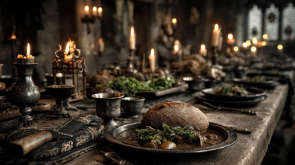 Cinematic still lifes of pirate tavern tables with roasted meat, gold coins, goblets, and candlelight