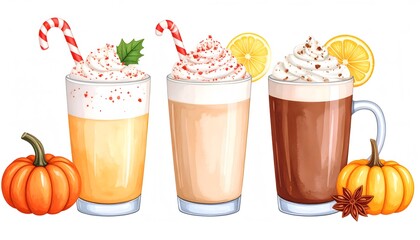 Festive Fall and Winter Drinks with Pumpkin and Candy Cane Illustration