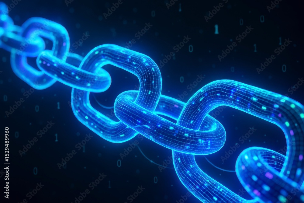 Poster a glowing blue chain on a dark background with binary code floating by