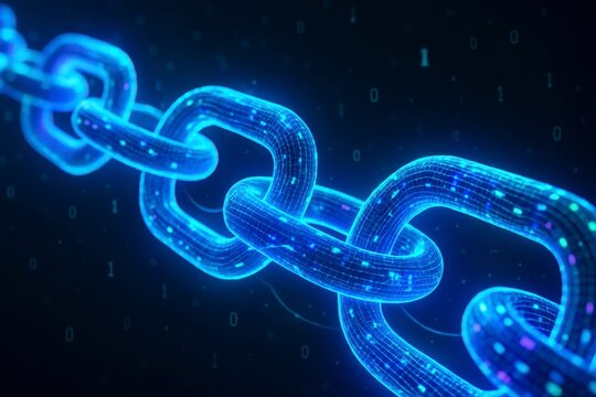 A glowing blue chain on a dark background with binary code floating by - Powered by Adobe