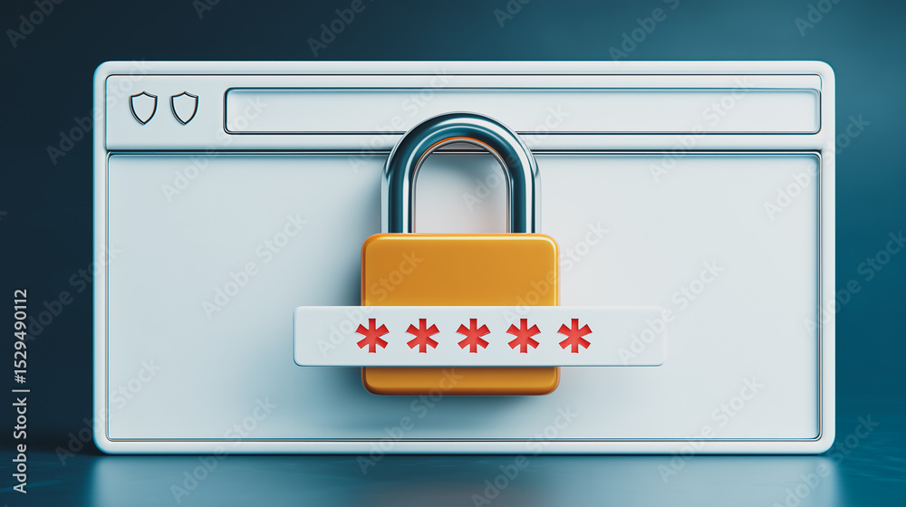 Poster online security: a digital illustration of a web browser window with a closed padlock and a password