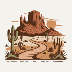 A stylized illustration of a desert landscape