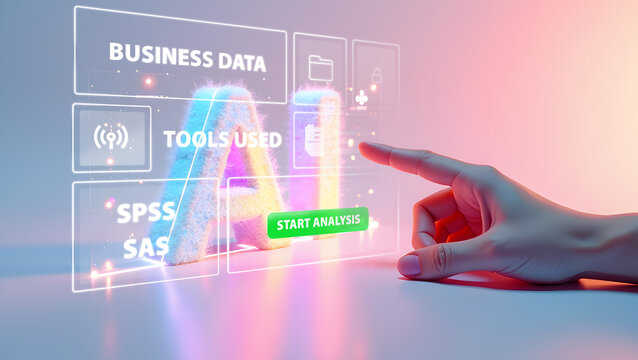 Finger Tapping Futuristic AI Interface to Start Business Data Analysis with SPSS and SAS