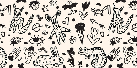Seamless pattern with cartoon animals, monsters, plants and abstract elements in childish black ink doodle style. Creative hand drawn design for kids. Vector illustration.