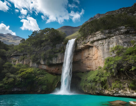 A picturesque waterfall cascades down a rocky cliff face into a tranquil pool of turquoise water.
A beautiful waterfall., waterfall in the forest