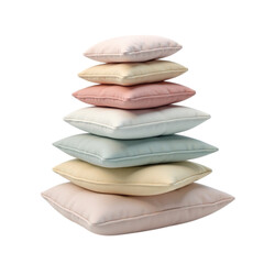 Stack of soft pastel pillows arranged in a stable pyramid structure on a transparent background
