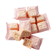 Stack of pink foil wrapped square chocolate bars with crunchy filling on transparent background PNG image
