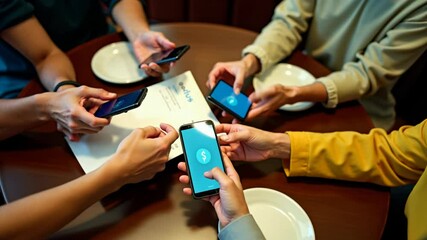 Friends gather around  table to share smartphones while splitting dinner expenses with clever technology. - Powered by Adobe