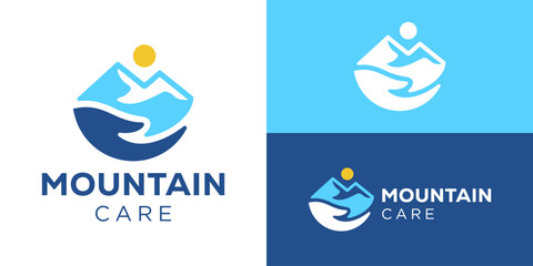 Creative simple mountain care logo template. Hand with mountain for Sustainable nature logo design vector illustration.