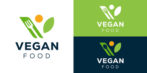 Creative simple vegan food logo template. Letter V with leaf logo design vector illustration.
