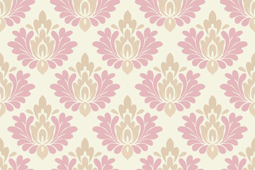Seamless vintage floral pattern in soft pink and beige on a cream background. Elegant damask-style design perfect for wallpapers, fabrics, invitations, or classic decor themes.