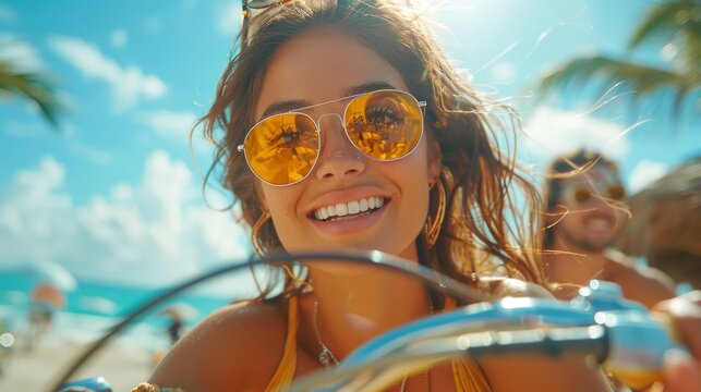 A woman with a bright smile wears trendy sunglasses as she enjoys a bike ride on a picturesque beach, capturing a carefree moment filled with sunshine and happiness. - Powered by Adobe