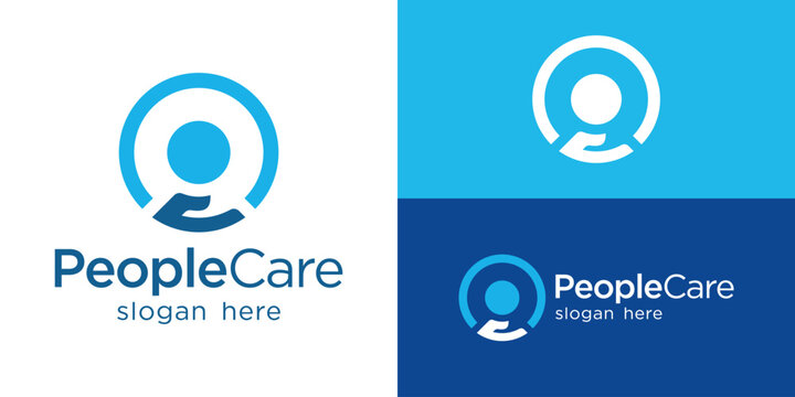 Creative simple people care logo template. Abstract hand with people, person, human logo design vector illustration.