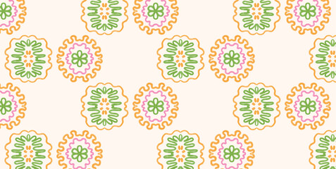 Seamless Pattern with Hand Drawn Green and Pink Floral Shapes. Naive Symmetrical Design in Watercolor Style. Decorative Botanical Motifs for Wrapping Paper, Wallpaper, Textile. Vector Illustration