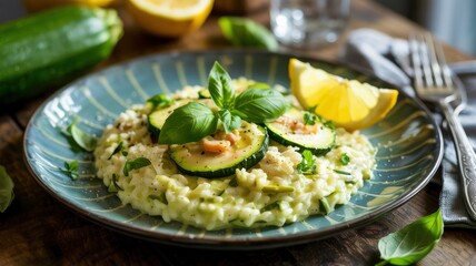 A plate of zucchini risotto garnished with fresh basil and a slice of lemon.