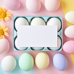 Fototapeta premium Pastel-colored Easter eggs in a light-blue egg carton, with a blank card in the center, surrounded by more eggs and yellow flowers