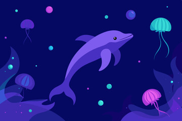Purple dolphin swimming with jellyfish in the ocean