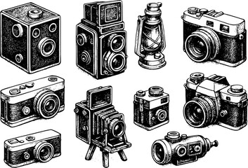 Vintage Box Camera with Twin Lenses – Isometric Hand-Drawn Sketch Deskripsi: Solid black and white isometric illustration of a classic twin-lens box camera in hand-drawn style. Perfect for retro tech 