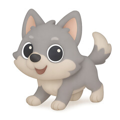 Cute 3D cartoon wolf with oversized black eyes, short legs, and a playful pose sitting happily.